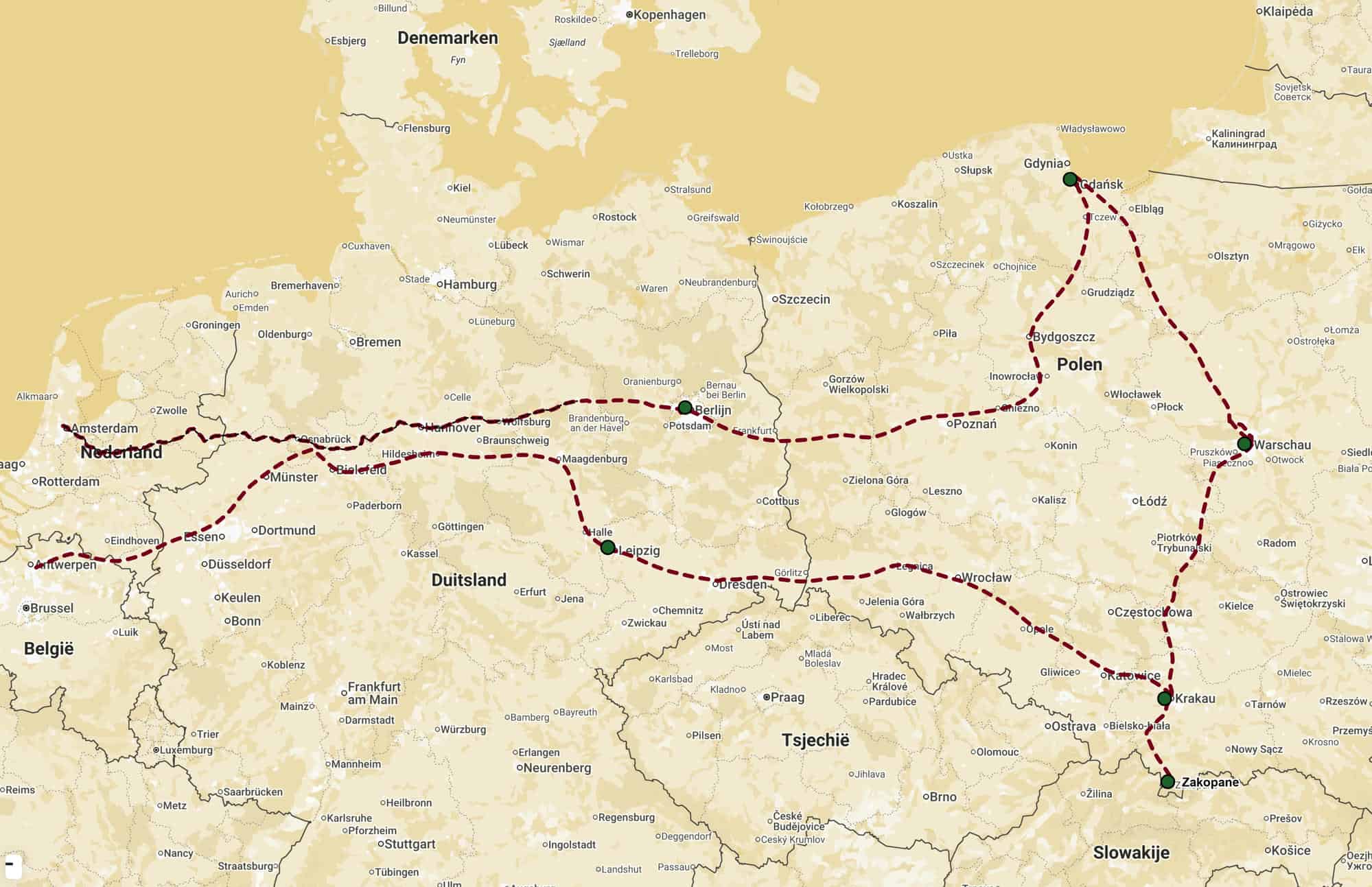 Lechia Express Polen treinreis roiutekaaart_